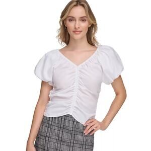 NWT Calvin Klein Cotton Puff-Sleeve V-Neck Top Shirt in Women's sz L